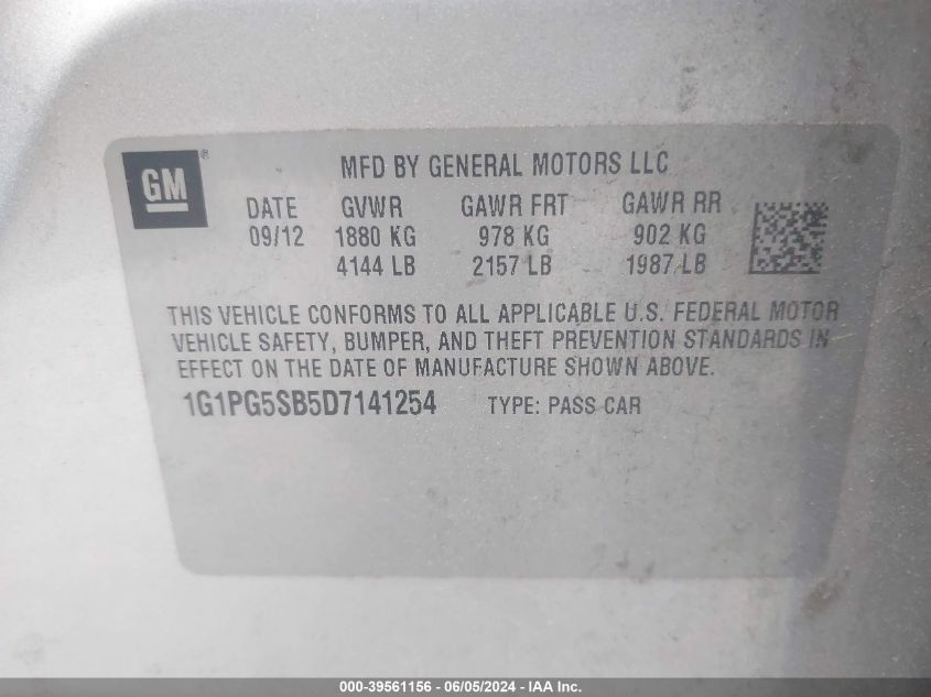 2013 Chevrolet Cruze Ltz VIN: 1G1PG5SB5D7141254 Lot: 39561156