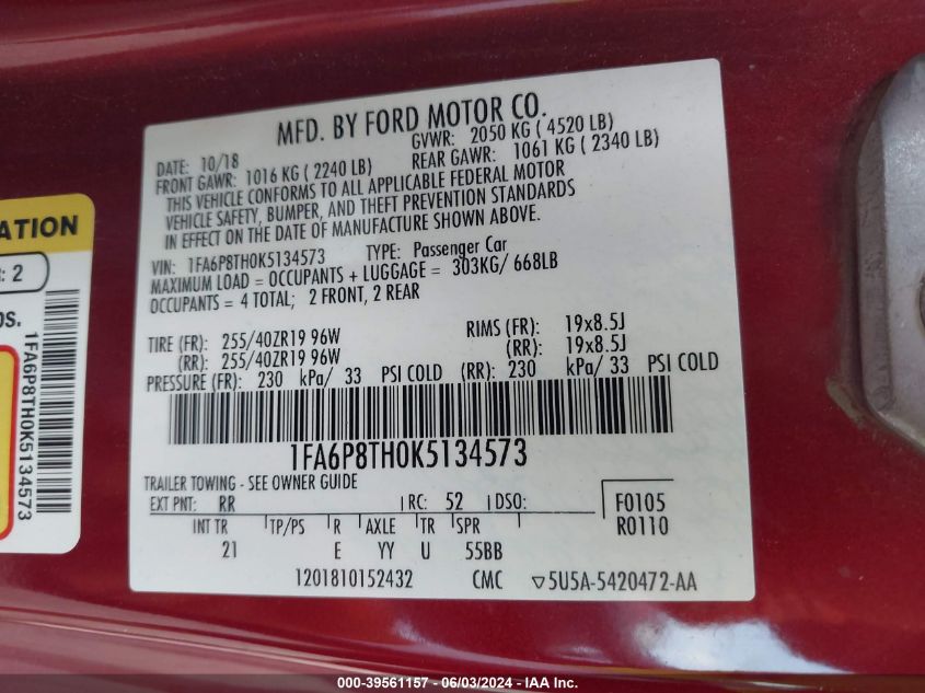 2019 Ford Mustang Ecoboost VIN: 1FA6P8TH0K5134573 Lot: 39561157