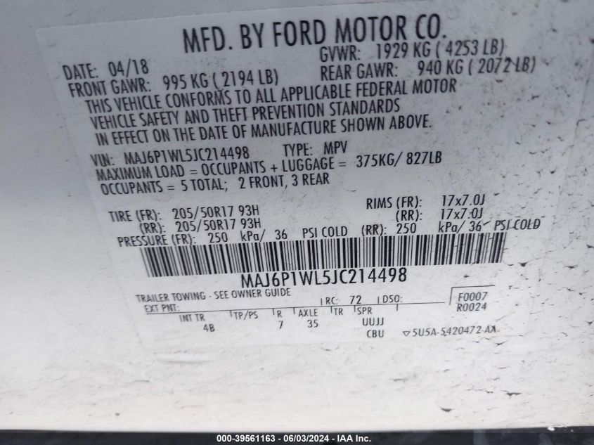 2018 Ford Ecosport Titanium VIN: MAJ6P1WL5JC214498 Lot: 39561163