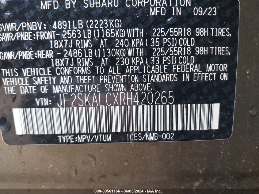 2024 Subaru Forester Limited VIN: JF2SKALCXRH420265 Lot: 39561166