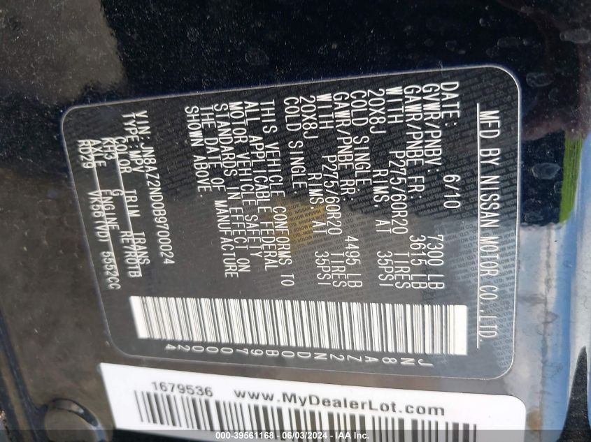 2011 Infiniti Qx56 VIN: JN8AZ2ND0B9700024 Lot: 39561168