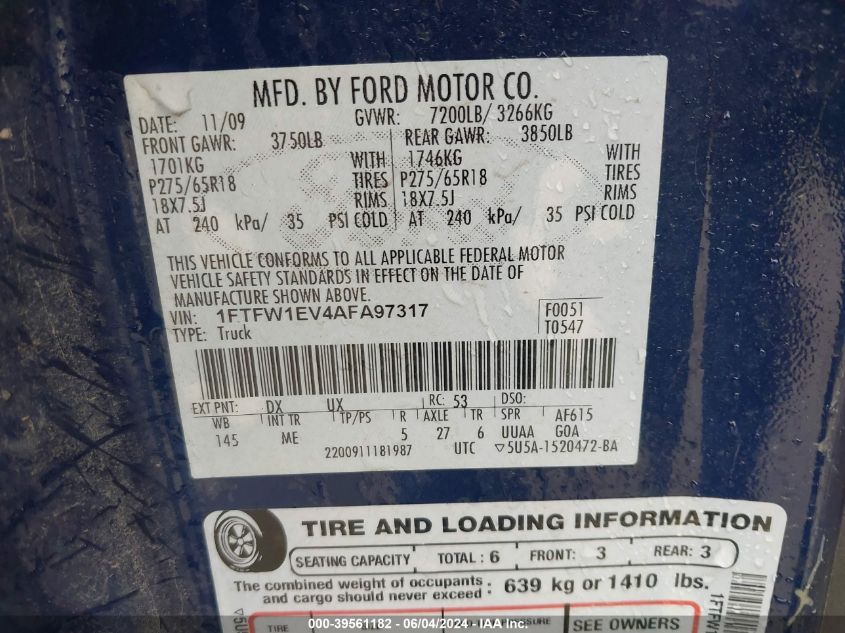 2010 Ford F-150 Fx4/Harley-Davidson/King Ranch/Lariat/Platinum/Xl/Xlt VIN: 1FTFW1EV4AFA97317 Lot: 39561182