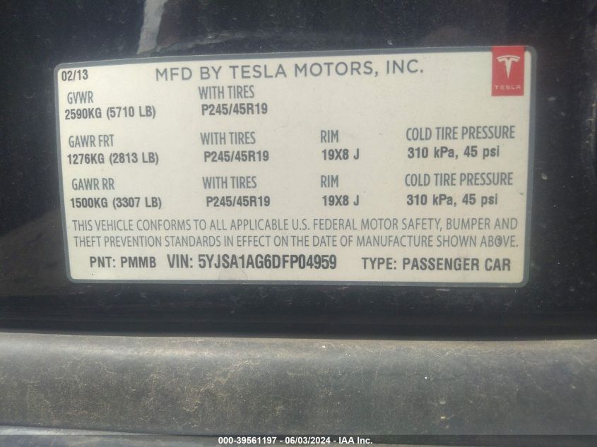 2013 Tesla Model S VIN: 5YJSA1AG6DFP04959 Lot: 39561197