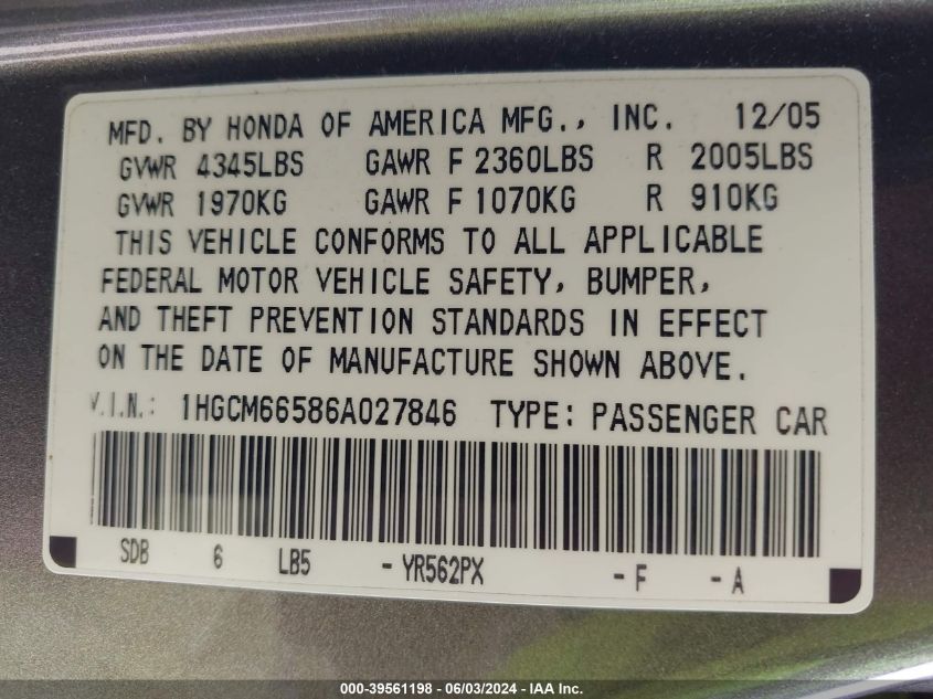 2006 Honda Accord 3.0 Ex VIN: 1HGCM66586A027846 Lot: 39561198