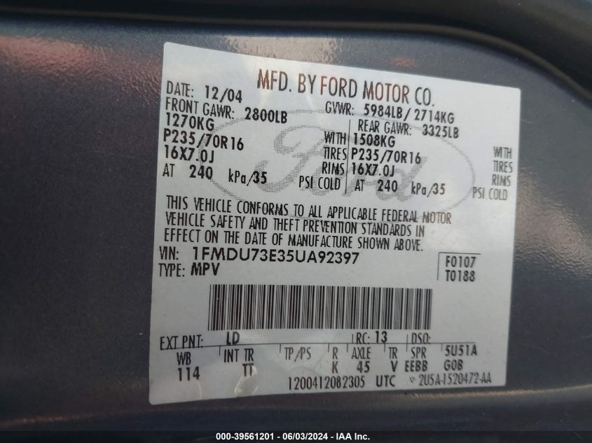 2005 Ford Explorer Xlt/Xlt Sport/Nbx VIN: 1FMDU73E35UA92397 Lot: 39561201