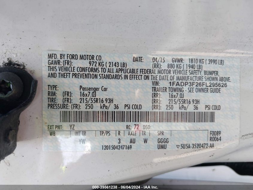 2015 Ford Focus Se VIN: 1FADP3F26FL295626 Lot: 39561238