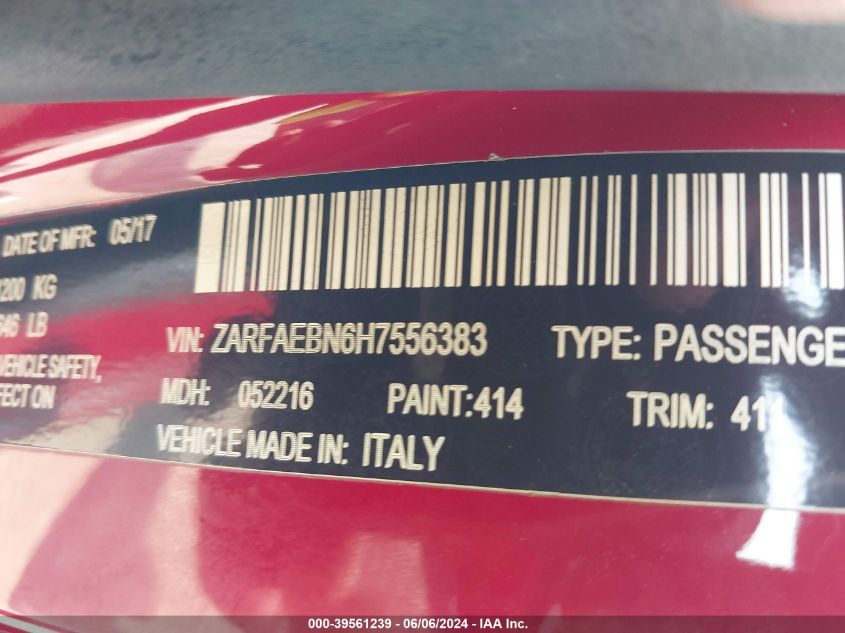 2017 Alfa Romeo Giulia Rwd VIN: ZARFAEBN6H7556383 Lot: 39561239