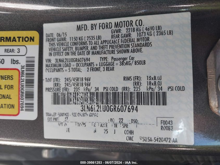 2016 Lincoln Mkz Hybrid VIN: 3LN6L2LU0GR607694 Lot: 39561253