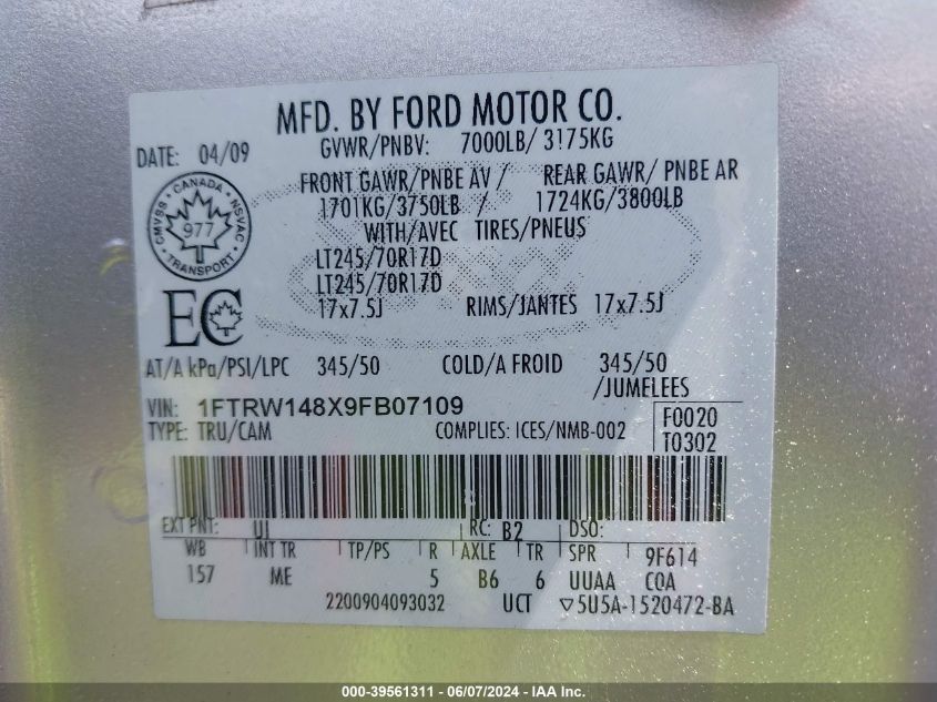 2009 Ford F-150 Xl/Xlt VIN: 1FTRW148X9FB07109 Lot: 39561311