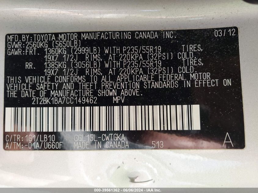 2012 Lexus Rx 350 VIN: 2T2BK1BA7CC149462 Lot: 39561362