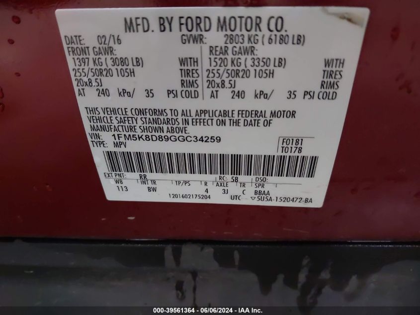 2016 Ford Explorer Xlt VIN: 1FM5K8D89GGC34259 Lot: 39561364