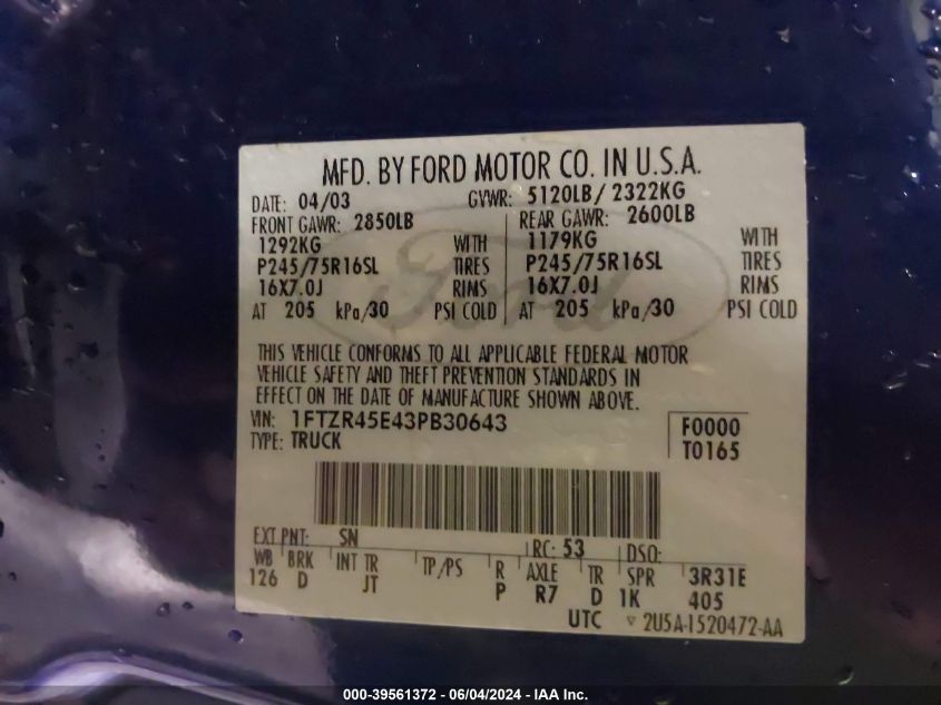 2003 Ford Ranger Edge/Xlt VIN: 1FTZR45E43PB30643 Lot: 39561372