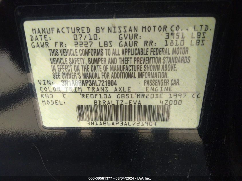 2010 Nissan Sentra 2.0S VIN: 3N1AB6AP3AL721904 Lot: 39561377