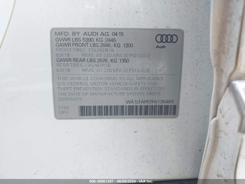 2015 Audi Q5 2.0T Premium VIN: WA1LFAFP7FA136483 Lot: 39561387