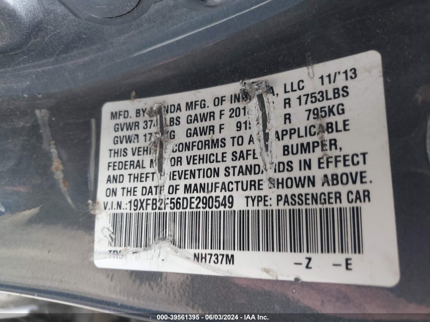 2013 Honda Civic Lx VIN: 19XFB2F56DE290549 Lot: 39561395