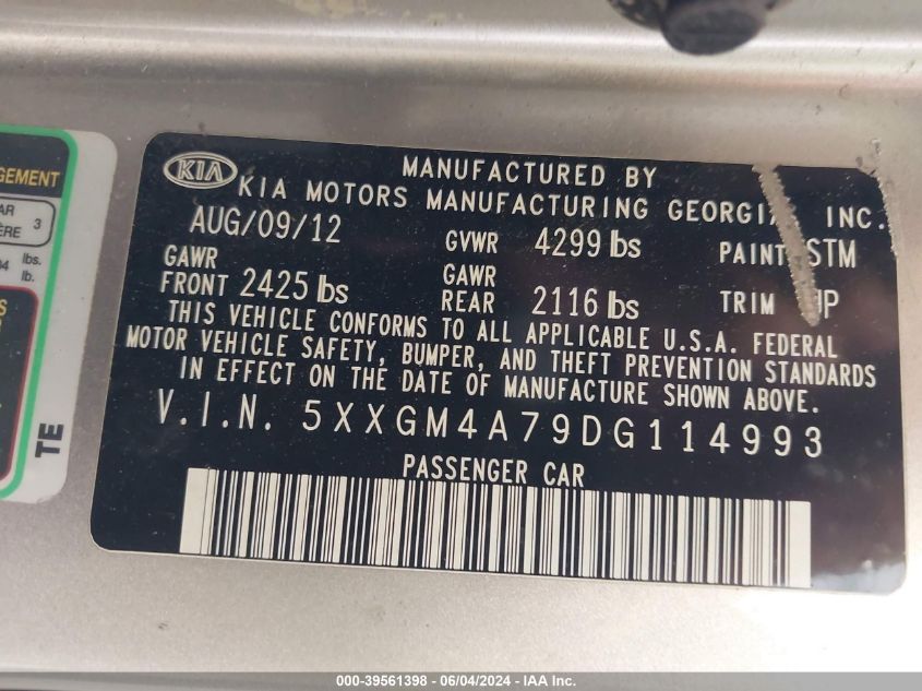 2013 Kia Optima Lx VIN: 5XXGM4A79DG114993 Lot: 39561398