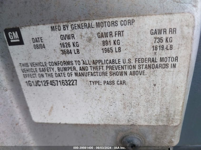 2005 Chevrolet Cavalier VIN: 1G1JC12F457163227 Lot: 39561400