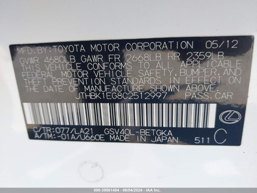 2012 Lexus Es 350 VIN: JTHBK1EG8C2512997 Lot: 39561404