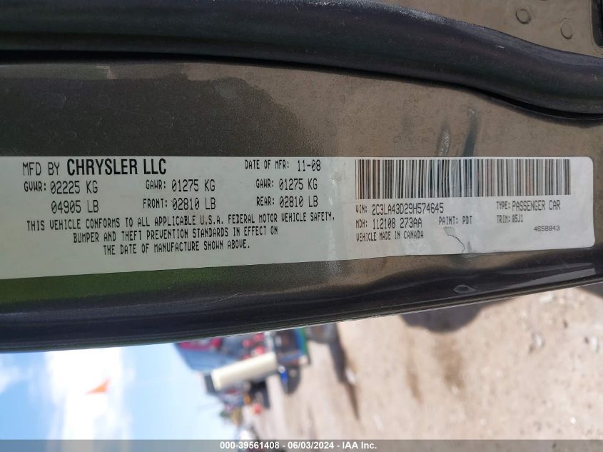 2009 Chrysler 300 Lx VIN: 2C3LA43D29H574645 Lot: 39561408