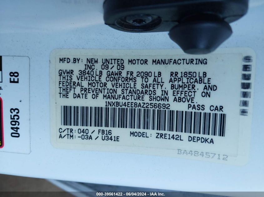 2010 Toyota Corolla VIN: 1NXBU4EE8AZ256692 Lot: 39561422