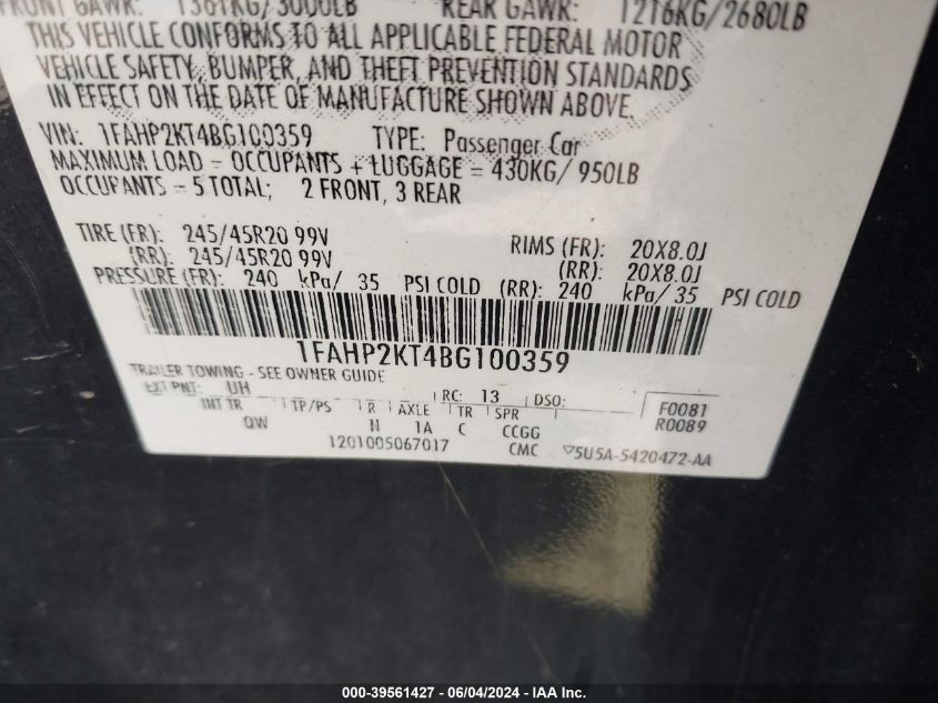 2011 Ford Taurus Sho VIN: 1FAHP2KT4BG100359 Lot: 39561427