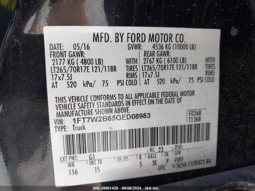 2016 Ford F-250 Xl VIN: 1FT7W2B65GED08983 Lot: 39561428