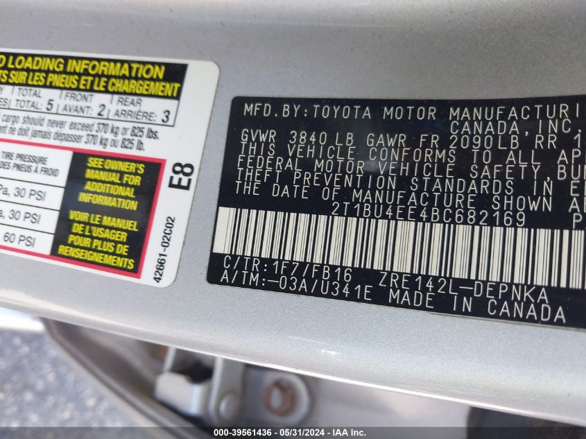 2011 Toyota Corolla Le VIN: 2T1BU4EE4BC682169 Lot: 39561436