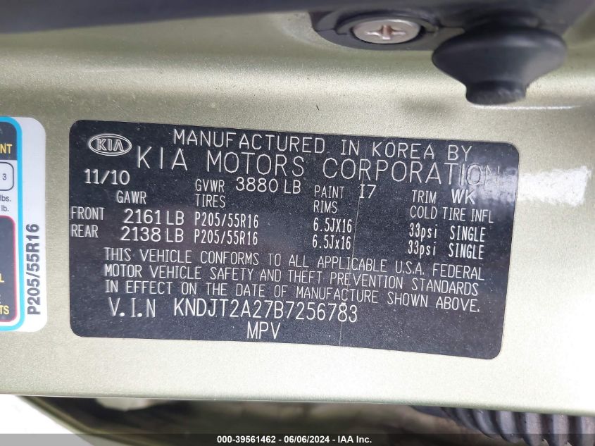 2011 Kia Soul + VIN: KNDJT2A27B7256783 Lot: 39561462