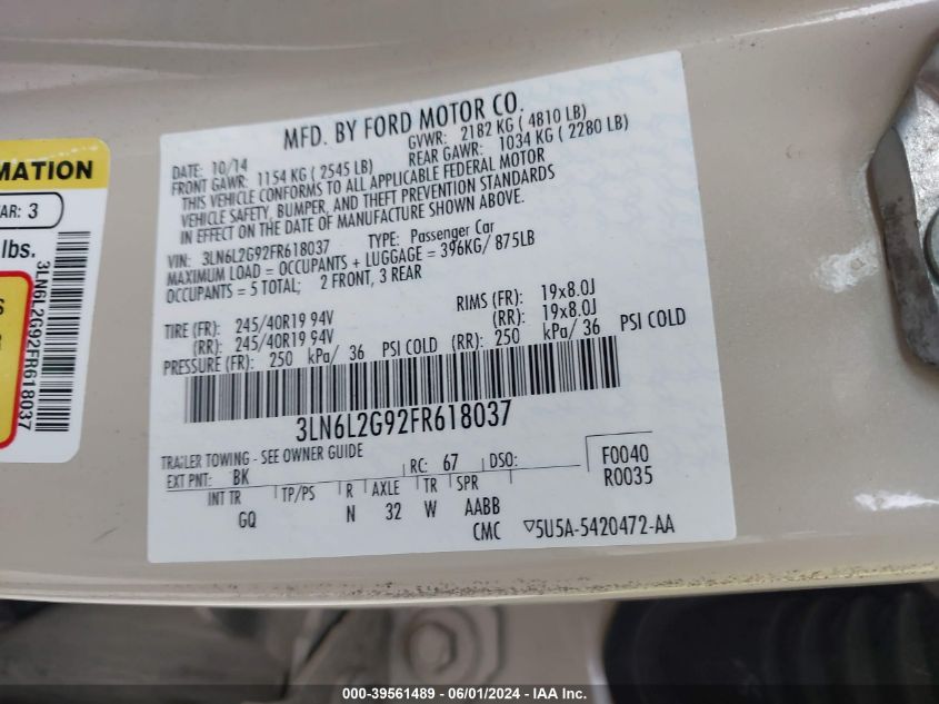 2015 Lincoln Mkz VIN: 3LN6L2G92FR618037 Lot: 39561489