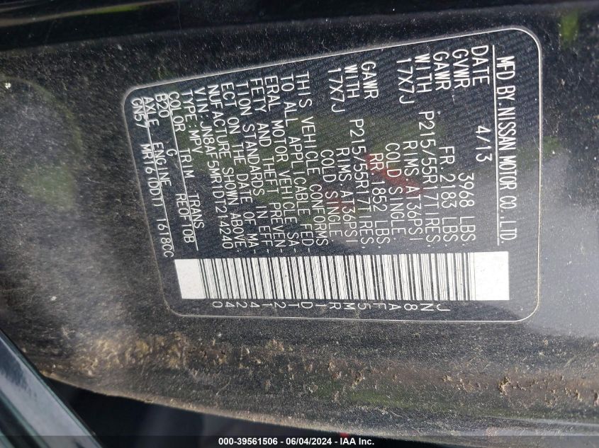 2013 Nissan Juke S VIN: JN8AF5MR1DT214240 Lot: 39561506