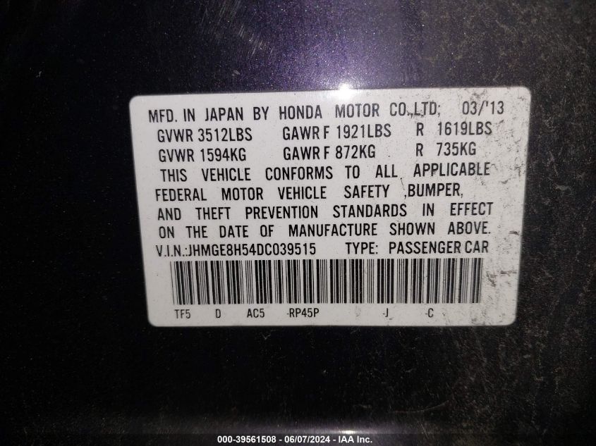 2013 Honda Fit Sport VIN: JHMGE8H54DC039515 Lot: 39561508