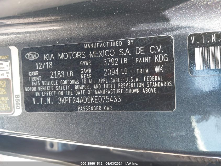 2019 Kia Forte Fe VIN: 3KPF24AD9KE075433 Lot: 39561512