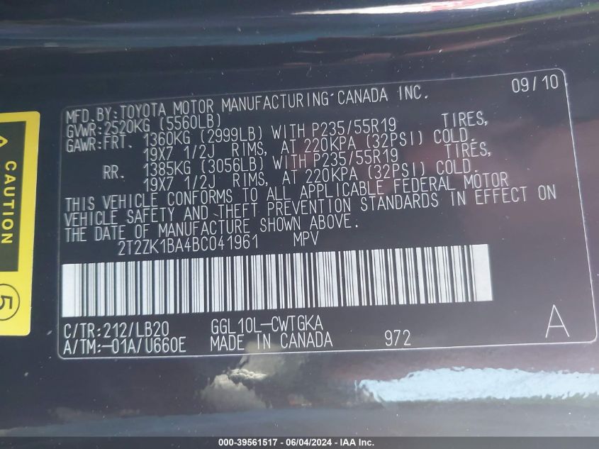 2011 Lexus Rx 350 VIN: 2T2ZK1BA4BC041961 Lot: 39561517