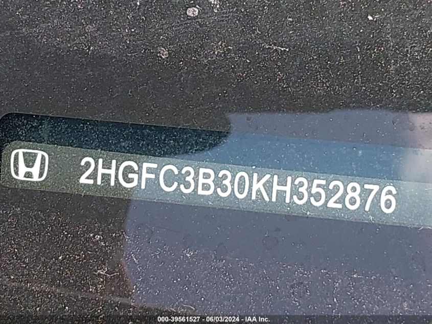 2019 Honda Civic Ex VIN: 2HGFC3B30KH352876 Lot: 39561527