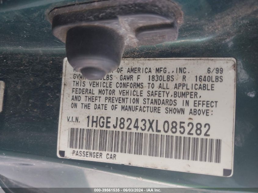 1999 Honda Civic Ex VIN: 1HGEJ8243XL085282 Lot: 39561535