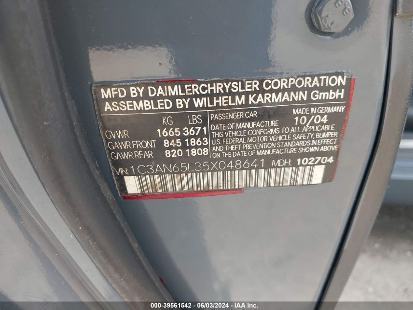 2005 Chrysler Crossfire Limited VIN: 1C3AN65L35X048641 Lot: 39561542