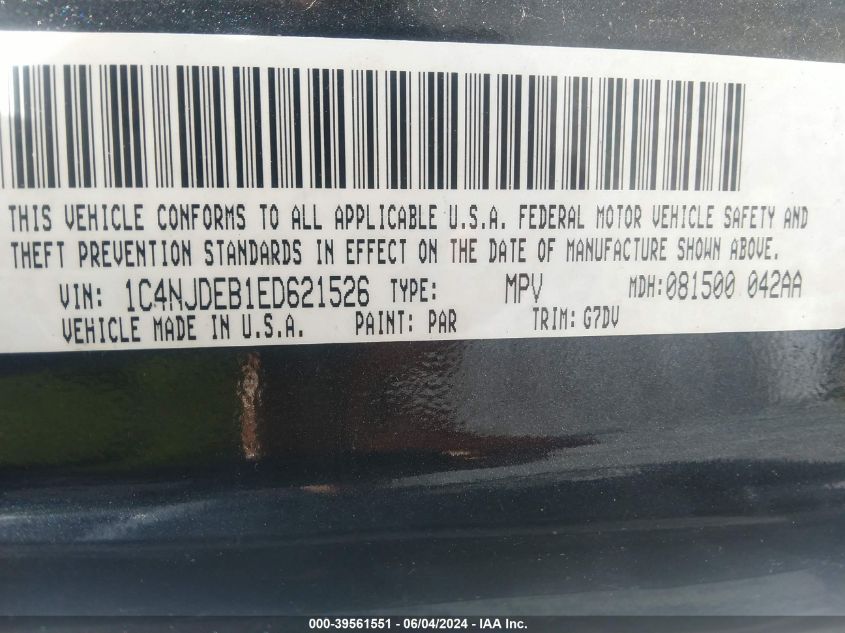 2014 Jeep Compass Latitude VIN: 1C4NJDEB1ED621526 Lot: 39561551