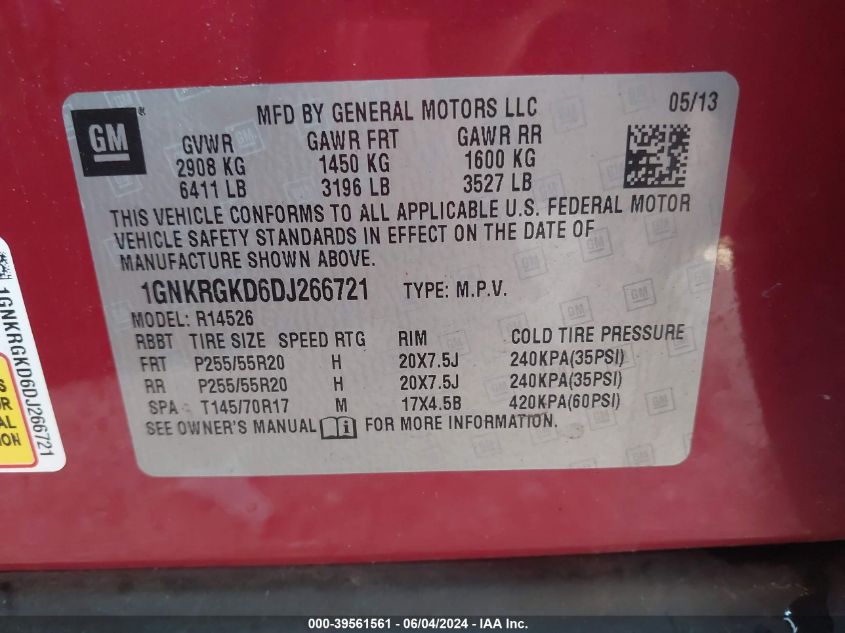 2013 Chevrolet Traverse 1Lt VIN: 1GNKRGKD6DJ266721 Lot: 39561561