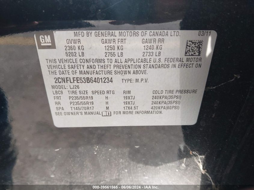 2011 Chevrolet Equinox Ltz VIN: 2CNFLFE53B6401234 Lot: 39561565