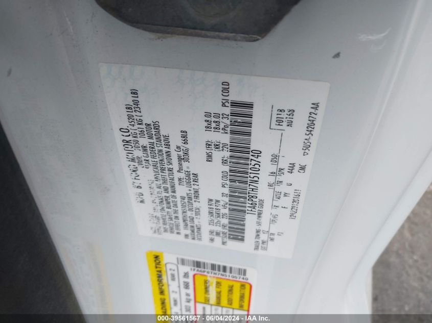 2022 Ford Mustang Ecoboost Premium Fastback VIN: 1FA6P8TH7N5105740 Lot: 39561567