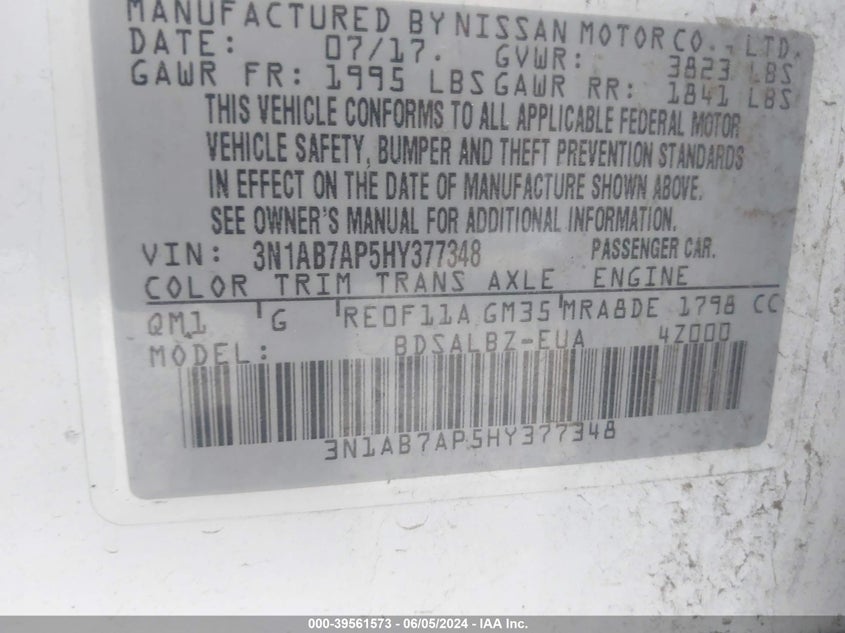2017 Nissan Sentra S VIN: 3N1AB7AP5HY377348 Lot: 39561573