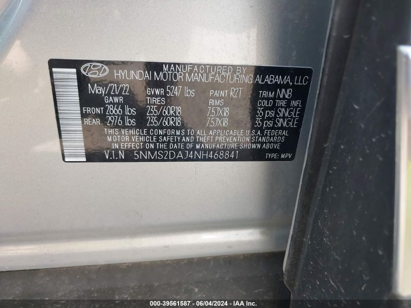 2022 Hyundai Santa Fe Sel VIN: 5NMS2DAJ4NH468841 Lot: 39561587