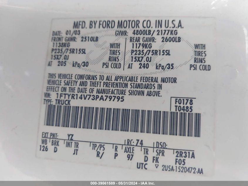 2003 Ford Ranger Edge/Tremor/Xl/Xlt VIN: 1FTYR14V73PA79795 Lot: 39561589