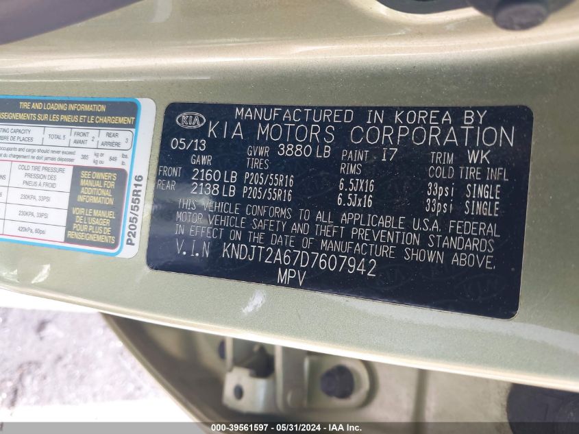 2013 Kia Soul + VIN: KNDJT2A67D7607942 Lot: 39561597