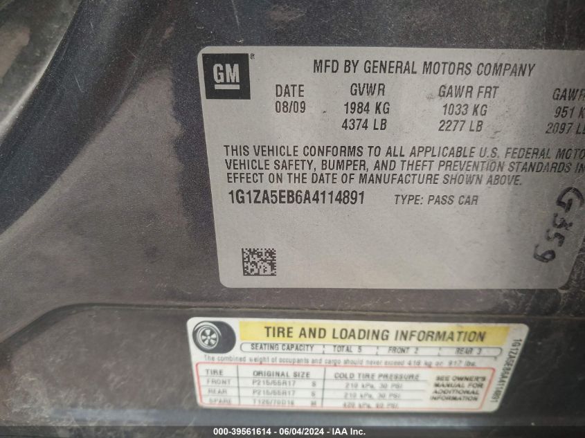 2010 Chevrolet Malibu Ls VIN: 1G1ZA5EB6A4114891 Lot: 39561614