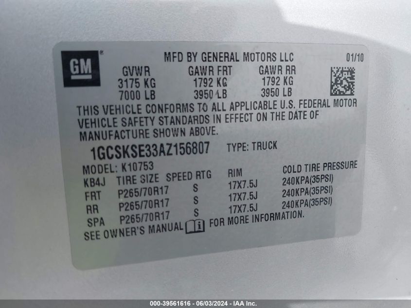 2010 Chevrolet Silverado 1500 Lt VIN: 1GCSKSE33AZ156807 Lot: 39561616