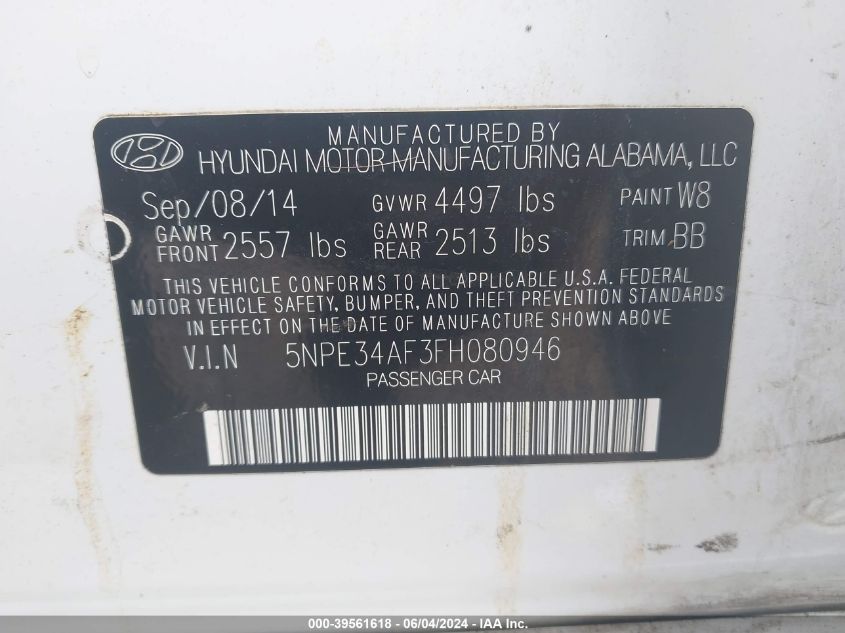 2015 Hyundai Sonata Sport VIN: 5NPE34AF3FH080946 Lot: 39561618