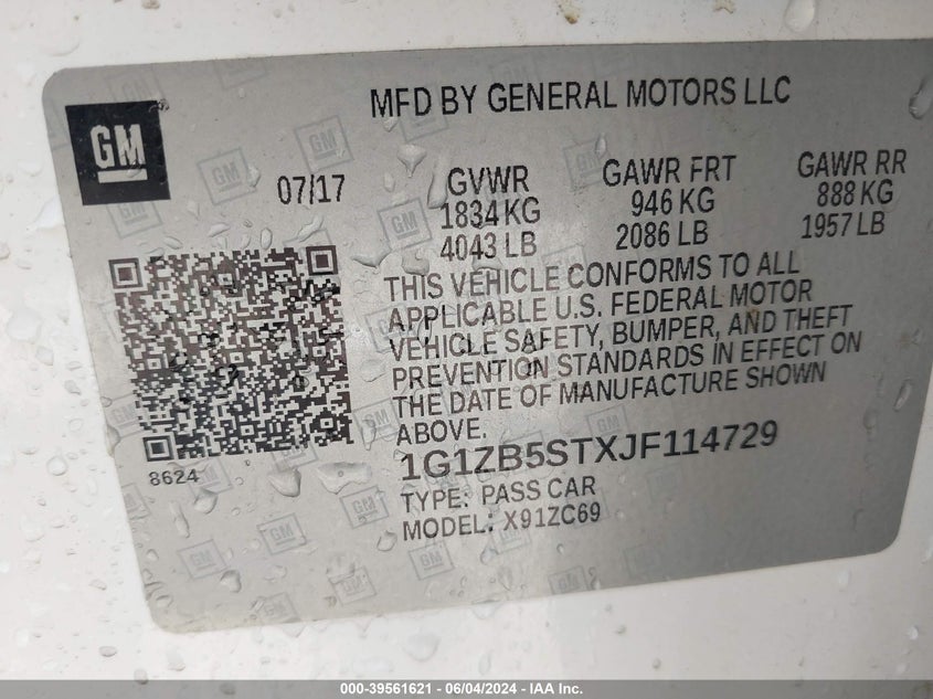 2018 Chevrolet Malibu 1Ls VIN: 1G1ZB5STXJF114729 Lot: 39561621