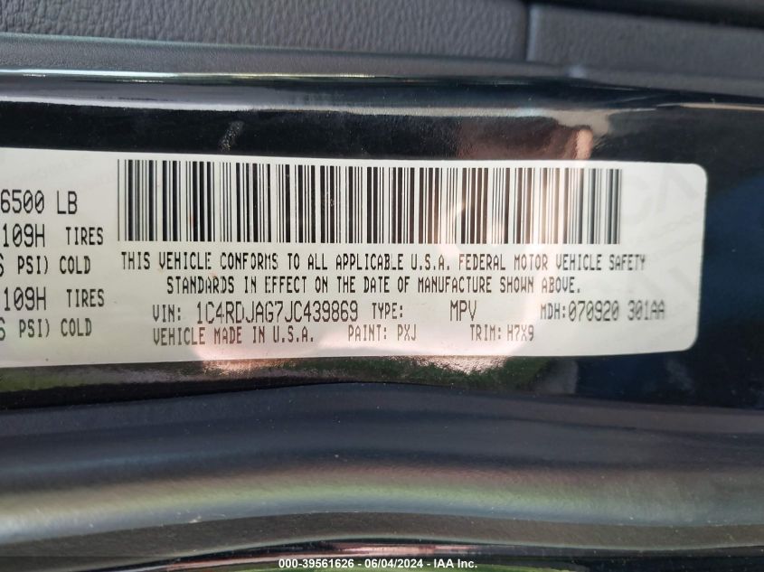 2018 Dodge Durango Sxt Awd VIN: 1C4RDJAG7JC439869 Lot: 39561626