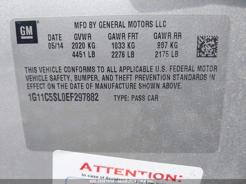 2014 Chevrolet Malibu 1Lt VIN: 1G11C5SL0EF297882 Lot: 39561638